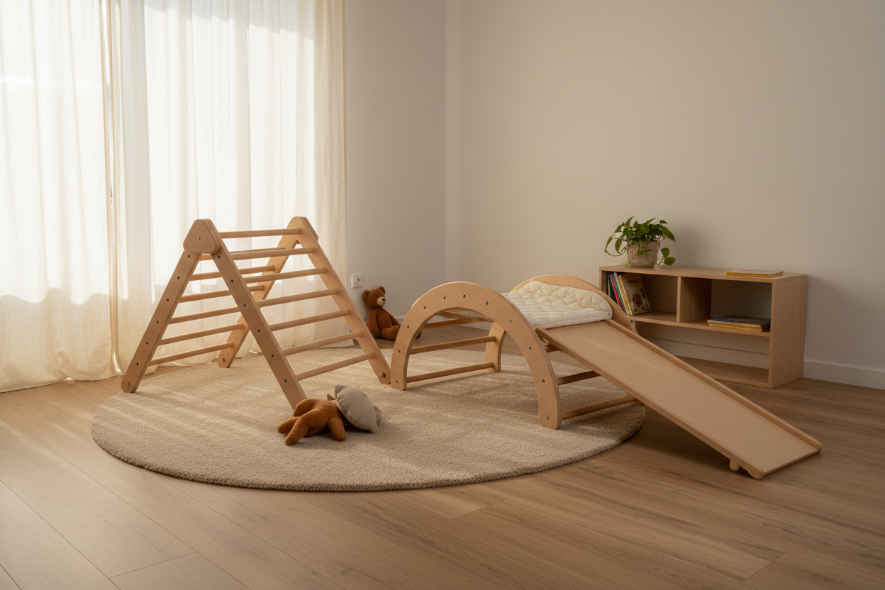 Montessori 4-in-1 climbing set in a warm minimalist nursery